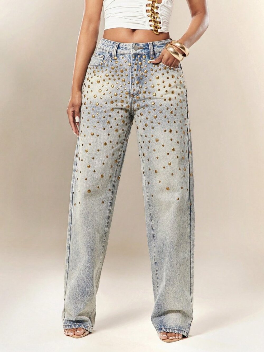 Medium Wash Casual Women's Studded Low Waist Zipper Fly Loose Straight Leg Jeans - Picture 2 of 5
